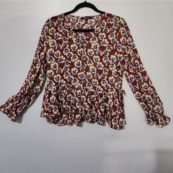 Pansy Floral Dusty Burgundy Viola Ruffle Drawstring Blouse - Picture 7 of 8
